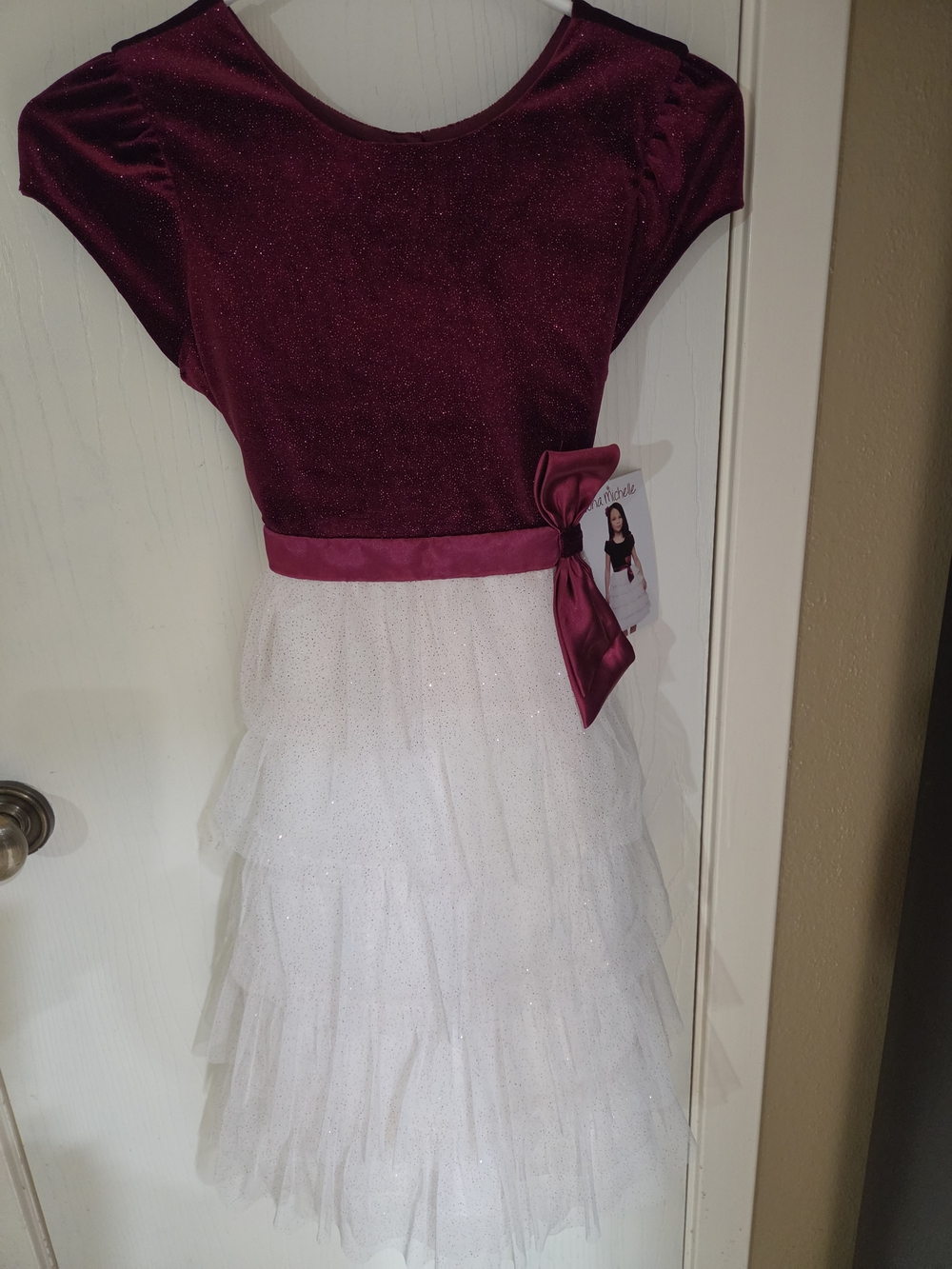 NWT Jona Michelle Burgundy and White Sparkle Tulle Dress with Bow, size 12